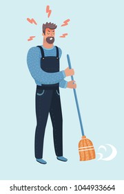 Vector cartoon illustration of angry bearded man with a broom. Man sweeping the street or floor. Depression, stressed. Male character on isolated background.