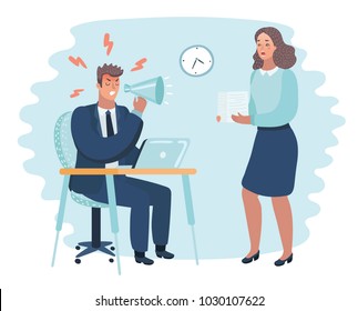 Vector cartoon illustration of angry boss and frightened employee. Man sitting at the table, woman bring pile of papers