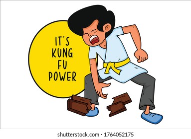 Dibujo vectorial de un niño enojado. Leer texto - es poder kung fu. Aislado sobre fondo blanco.