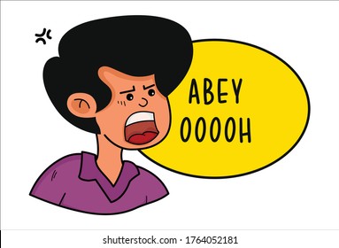 Dibujo vectorial de un niño enojado. Abey ooooooh traducción de texto en hindi- escucha.  Aislado sobre fondo blanco.