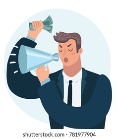 Vector cartoon illustration of angry Businessman shout at megaphone. Wicked, authority, despotic boss, power, money. Close up view