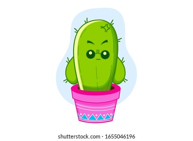 Vector cartoon illustration of angry cactus in the pot. Isolated on white background.