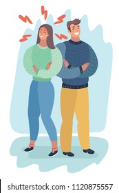 Vector cartoon illustration of Angry and furious woman standing near her boyfriend. Human characters.