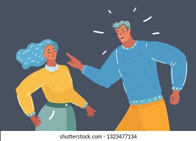 Vector cartoon illustration of Angry male tyrant manager roaring at woman, punishment for clerk, ruler with absolute power, despot at work, terrible boss behavior, isolated on dark background.