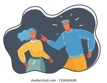 Vector cartoon illustration of Angry male tyrant. He punishment woman. Despot with absolute power, unhappy couple quarrel. Human character on dark background.