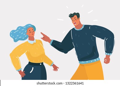 Vector cartoon illustration of Angry man arguing shouting blaming of problem to woman, frustrated husband and wife quarreling about bad marriage relationships, unhappy young family fighting concept.