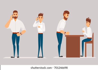 Vector cartoon Illustration of angry man scolds worker.  Boss man character screams on worker.