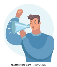 Vector cartoon illustration of angry man shouting through a megaphone. Close up view