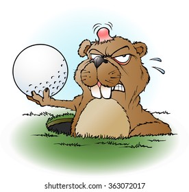 Vector cartoon illustration of an angry prairie dog with a golf ball