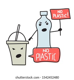 Vector cartoon illustration with angry protesting plastic bottle and coffee cup with no plastic placard.