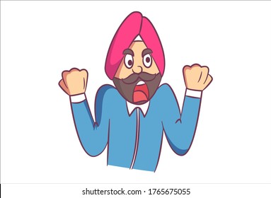 Vector cartoon illustration of angry Punjabi man. Isolated on white background.