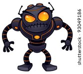Vector cartoon illustration of an angry robot getting ready for battle. This mean and nasty robot is dark gray with orange eyes and highlights.