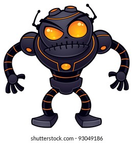 Vector Cartoon Illustration Of An Angry Robot Getting Ready For Battle. This Mean And Nasty Robot Is Dark Gray With Orange Eyes And Highlights.