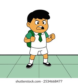 Vector cartoon illustration of an angry school boy in a uniform, standing with clenched fists and a determined expression