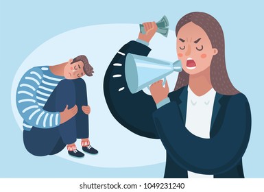 Vector cartoon illustration of angry woman boss character yelling man. family problems, pressure at work. Psychological abuse