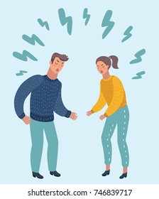 Vector cartoon illustration of angry woman screaming at the man. isolated on white. Couple quarrel. Dispute and arguments of two people.