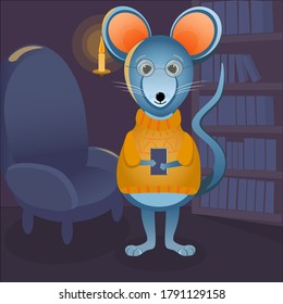 
Vector cartoon illustration with animal character. A mouse with glasses, yellow sweater and book in his hands, against the
background of a cozy home library with candlelight