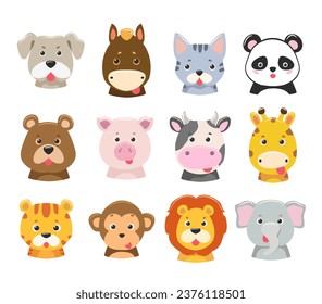 Vector cartoon illustration of animal faces. Dog, cat, horse, cow, pig, giraffe, bear, other wild animal faces