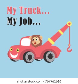 vector cartoon illustration of animal on crane truck