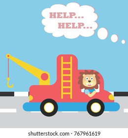 vector cartoon illustration of animal on crane truck