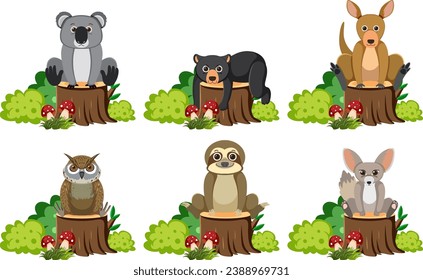Vector cartoon illustration of animals sitting on tree stump surrounded by bushes