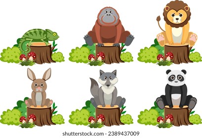 Vector cartoon illustration of animals sitting on a tree stump surrounded by a bush