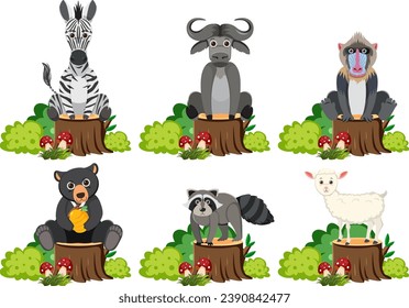 Vector cartoon illustration of animals sitting on a tree stump surrounded by a bush