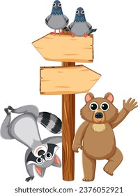 Vector cartoon illustration of animals standing next to directional sign