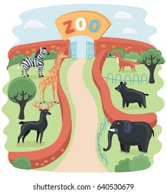 Vector cartoon illustration of animals in the Zoo park, info graphics map concept. Elephant, fox, giraffe, deer, bear, zebra.