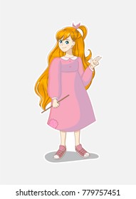 Vector cartoon illustration. Anime, manga style. Young woman isolated on white background. Kawaii smiling girl with bright hair, blue eyes. Pink patched dress and sneakers. Mori-girl style outfit