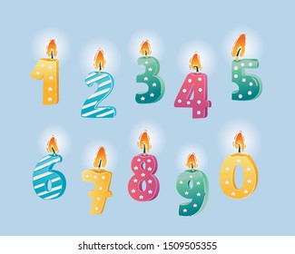 Vector cartoon illustration of Anniversary Numbered buring Candle Set for Cake. Birthday symbol. One, two, three, four, five, six, seven, eight, nine, zero.