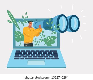 Vector cartoon illustration of anonymous spy agent searching on laptop. Tiny character with big binocular look thought laptop.