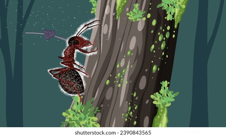 A vector cartoon illustration of an ant infected with fungi cordyceps walking on a tree