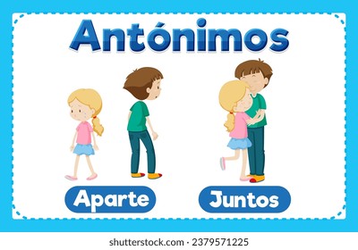 Illustration vectorielle de cartes à mots d'antonyme en espagnol signifiant séparation et union