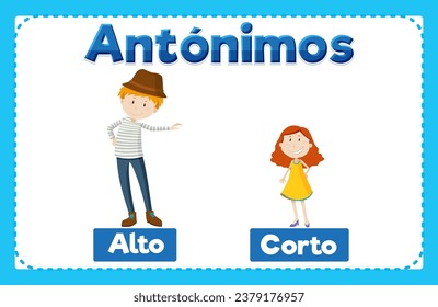 A vector cartoon illustration of antonyms in Spanish language means tall and short