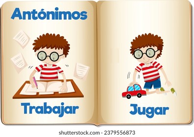 Vector cartoon illustration of antonyms Trabajar and Jugar in Spanish means work and play