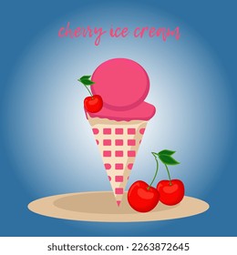 Vector cartoon illustration of appetizing pink ice cream with berries, delicious dessert with beautiful cherries
