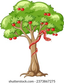 A vector cartoon illustration of an apple tree with a snake