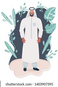 Vector cartoon illustration of Arab man in traditional wear on dark background.