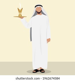 Vector Cartoon Illustration Arab Muslim man holding Incense Bakhoor - Oud Burner . Arabian Coal Censer -  Islamic Ramadan - Eid Mubarak concept.