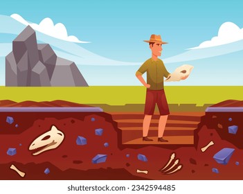 Vector cartoon illustration of archaeologist holding fossilized dinosaur head