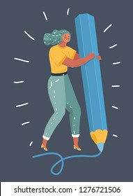 Vector cartoon illustration of Art studio. Woman artist drawing. Creative workshop concept. Girl with big giant pencil. Signature.