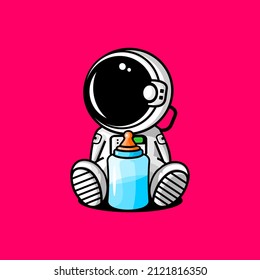 vector cartoon illustration of astronaut carrying a baby pacifier bottle, cartoon character