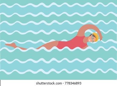 Vector cartoon illustration of athlete woman swimming in the wave. Training in the pool