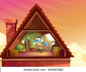 Vector cartoon illustration of attic, mansard, loft under the roof of building for accommodation or storage. Top floor of private house, room to observe the sky with furniture, interior inside