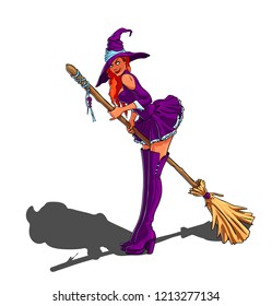 Vector cartoon illustration of a attractive redhead girl dressed as a Witch with a broomstick isolated on the white background.