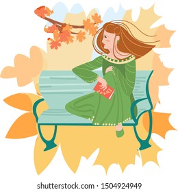 Vector cartoon illustration of an attractive young woman with a book in her hand sitting on a park bench against autumn foliage.