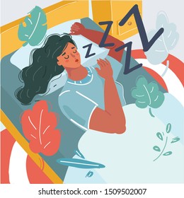 Vektorgrafik-Illustration einer attraktiven jungen Frau schläft in ihrem Bett.