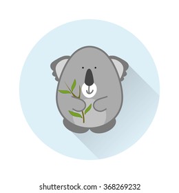 Vector cartoon illustration of Australian koala with gum-tree. Blue round background with long shadow. Flat style icon element for design. forest, wild animal
