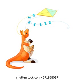 vector Cartoon illustration Australian Mama Red Kangaroo with cub in bag starts kite. Popular leisure activity. Clip art isolated on white background. EPS 10 without mesh
